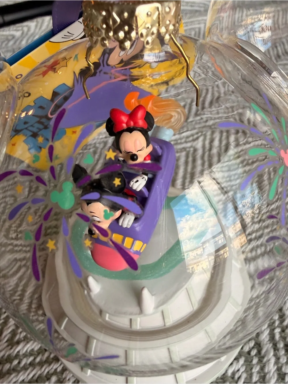 Disney Clear Mickey Globe Ornament with Purple and Pink Ride Detail